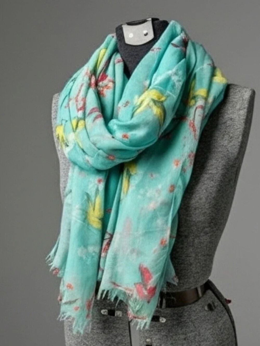 Vintage Style Turquoise Bird & Cherry Blossom Oversized Shawl Scarf Wrap 40